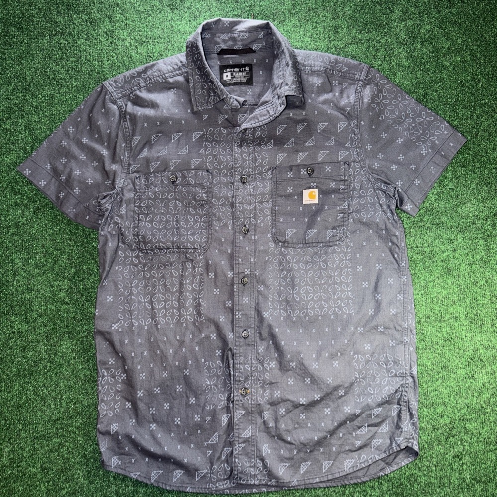 Carhartt Relaxed Fit Rosette Motifs SS Button-Up Men's Size Medium Blue Shirt